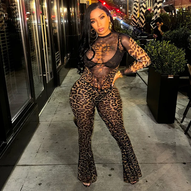 

Leopard Mesh Top 2 Piece Sets Flare Pants Women 2024 Sexy Winter Clothes Tracksuits Jogger Sweatsuit Two Piece Pant Sets Outfits