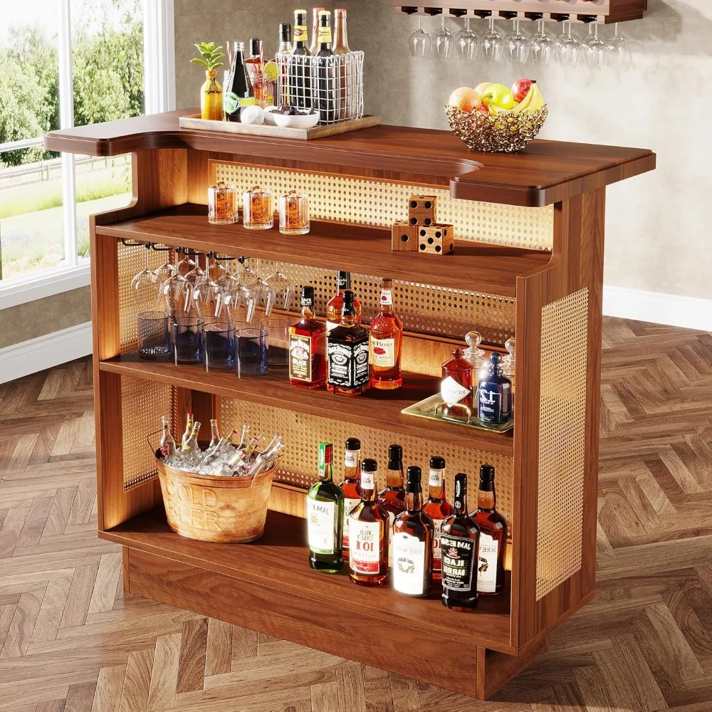 Home Bar Unit, 4-Tier Liquor Bar Table, Mini with Wine Racks and Glass Holder, Farmhouse Cabinet for Home Kitchen Pub