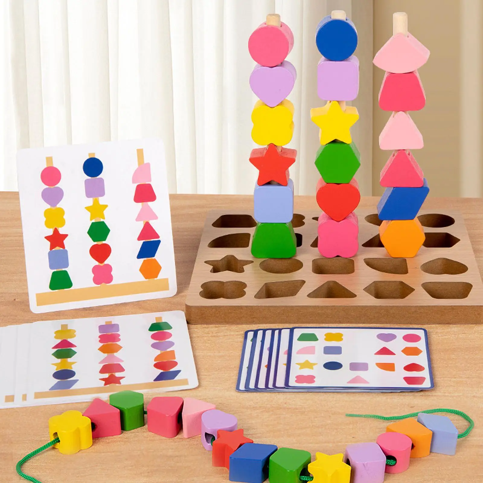 Wooden Beads Sequencing Toy Lacing Beads,Fine Motor Skills,Stacking Toy Threading Toys for Children 2 3 4 5 Holiday Gifts