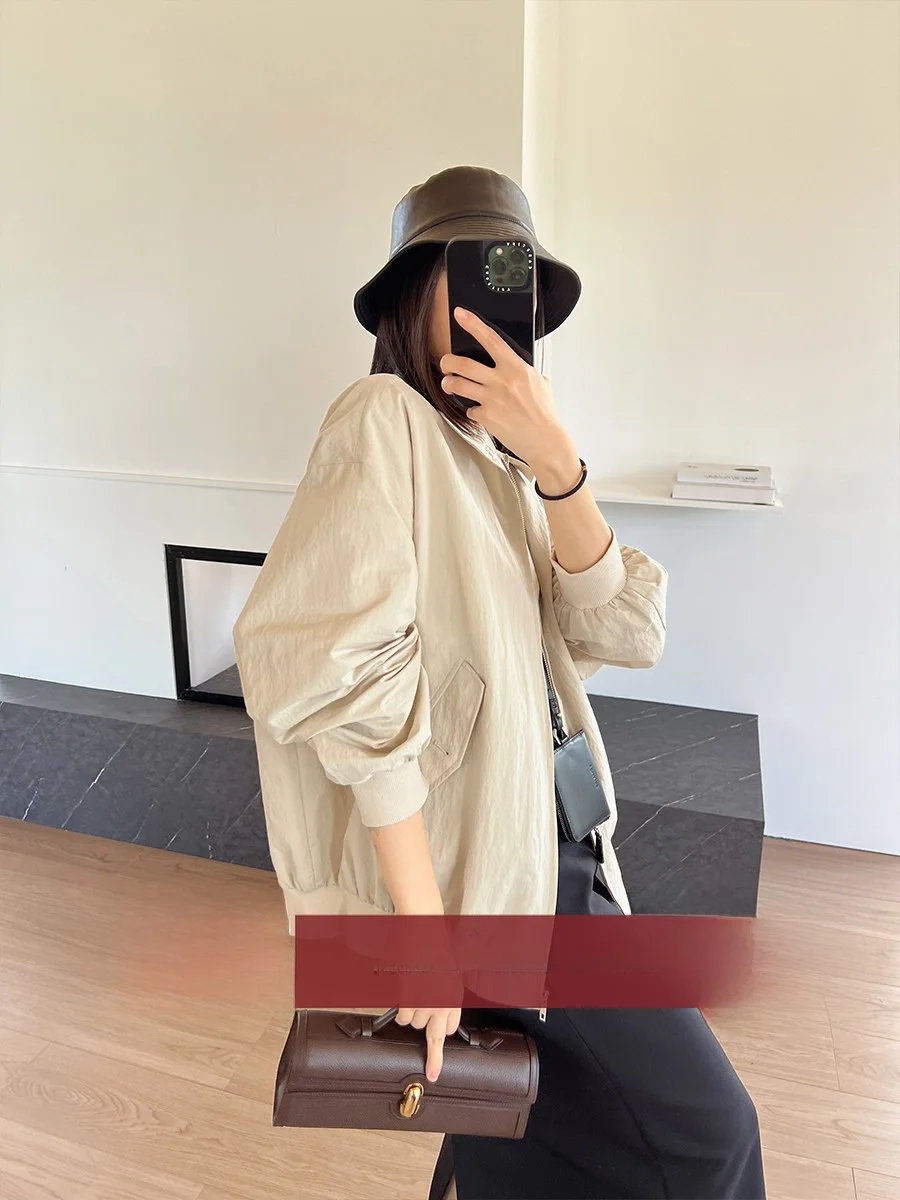 

Женская куртка Amyy Studios из легкого хлопка с текстурой, свободного кроя, с длинными рукавами, на молнии, однотонная, для повседневной носки