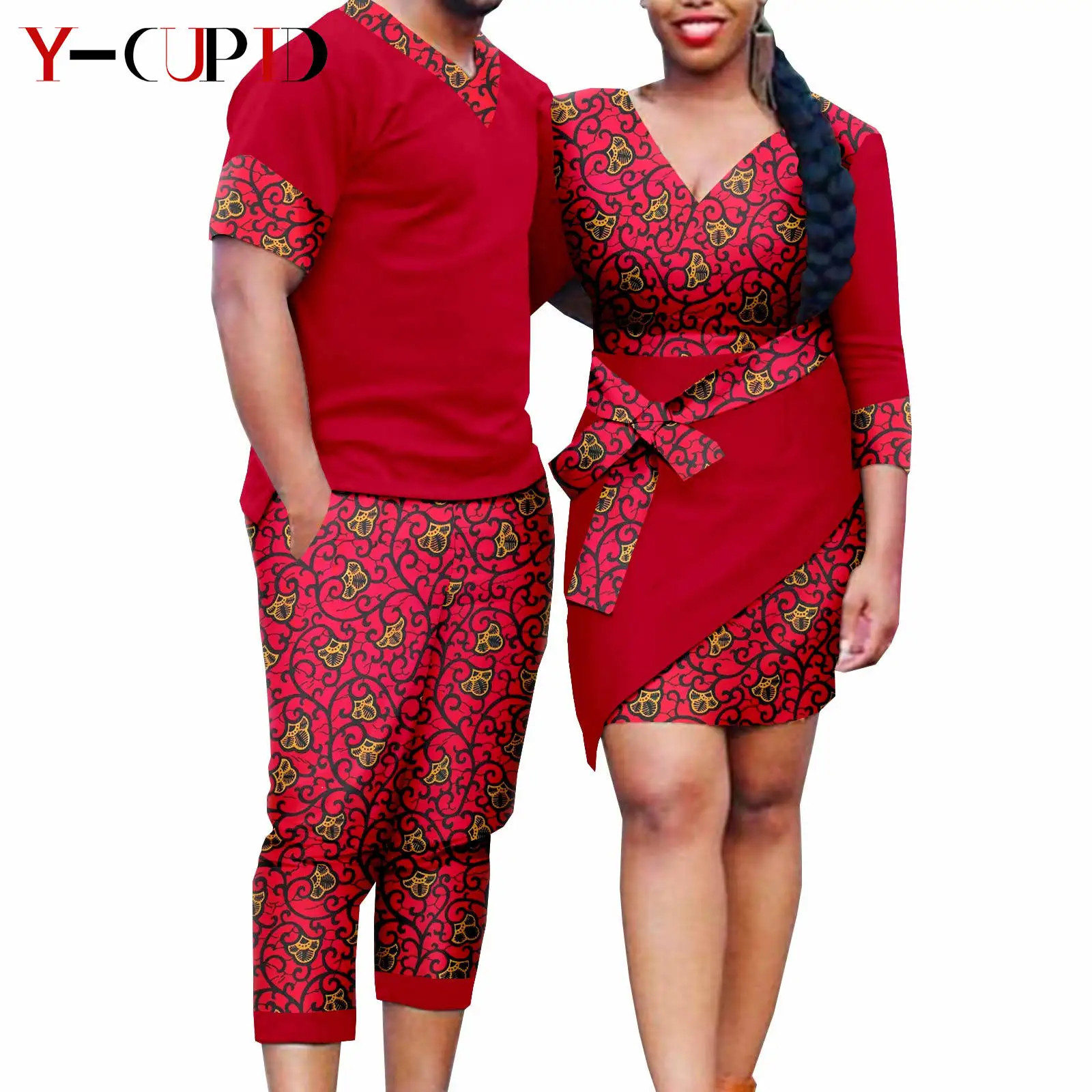 African Clothes for Couples Bazin Riche Women Ankara Print Dresses with Bowtie Matching Men Clothes Top and Short Sets Y21C019