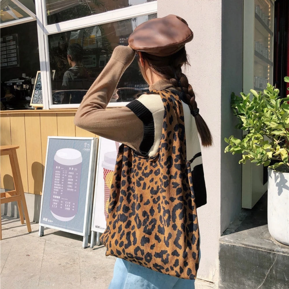 Female Ins Autumn and Winter Leopard Print Chic Korean Corduroy Shoulder Canvas Bag Shopping Tote Bag Women\'s Shopper Bag Bolsas