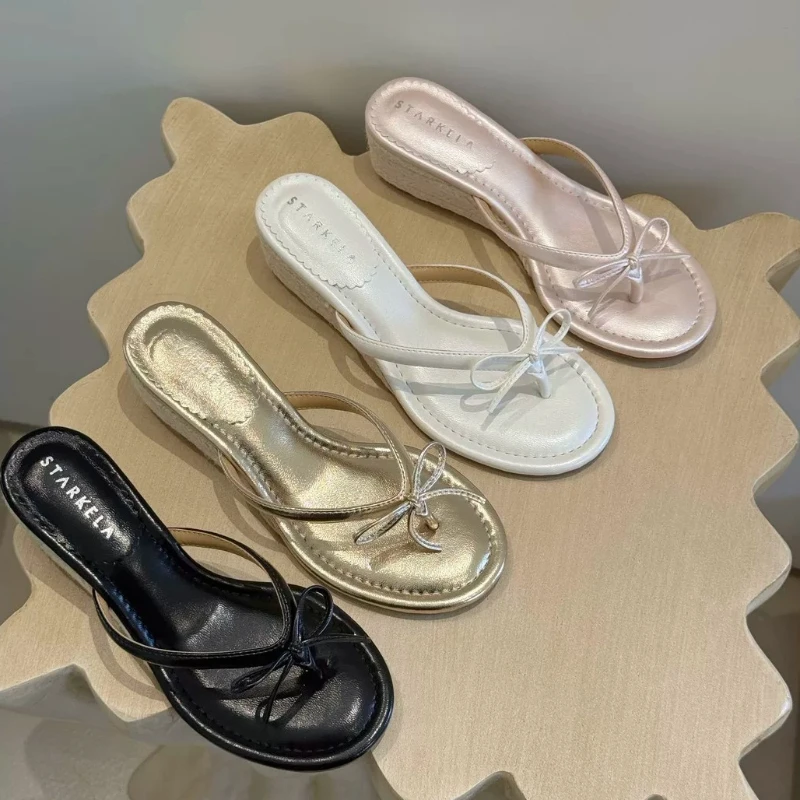 Summer Women's Solid Color Bow Decorative Wedge Slippers 2026 New Simple and Versatile Leisure and Comfortable Slippers