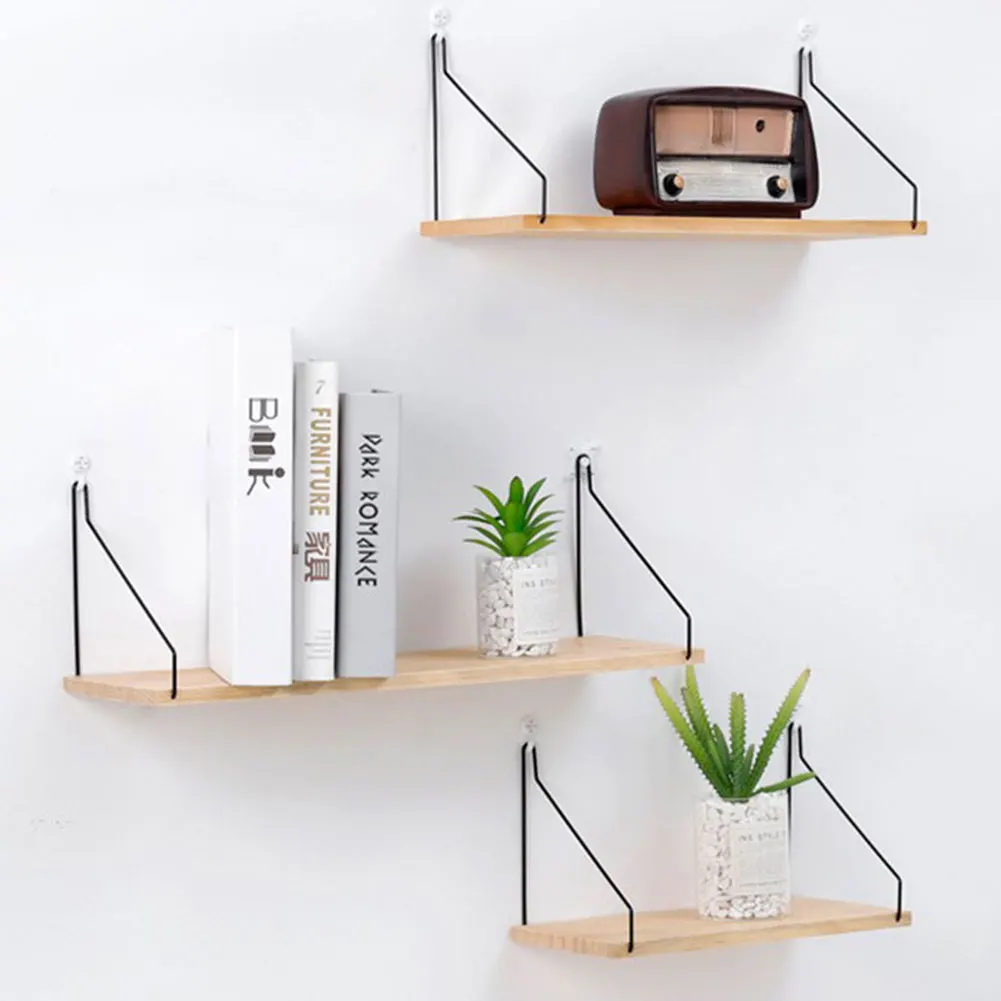 Floating Wall Shelf Decorative Wall-Mounted Shelf with Metal Brackets Wooden Storage Rack Multifunction for Balcony Dining Room