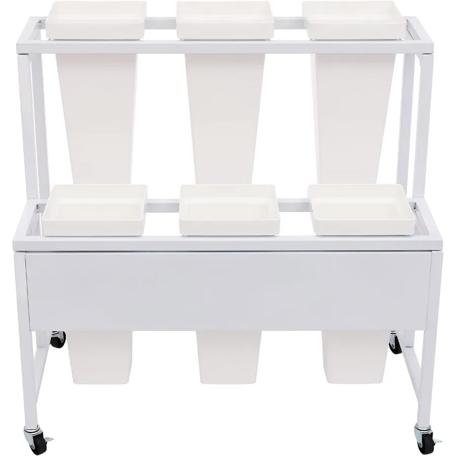 حامل عرض زهور من طبقتين مع 6 دلاء عربة زهور متدحرجة شديدة التحمل مع عجلات للاستخدام الداخلي والخارجي نبات متين #5