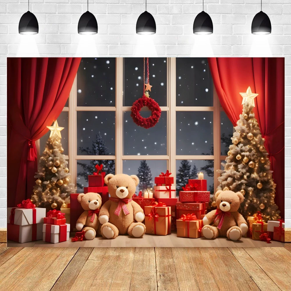 Christmas Photography Backdrop for Family Xmas New Year Party Decorations Red Curtain Christmas Tree Fireplace Photo Backgrounds