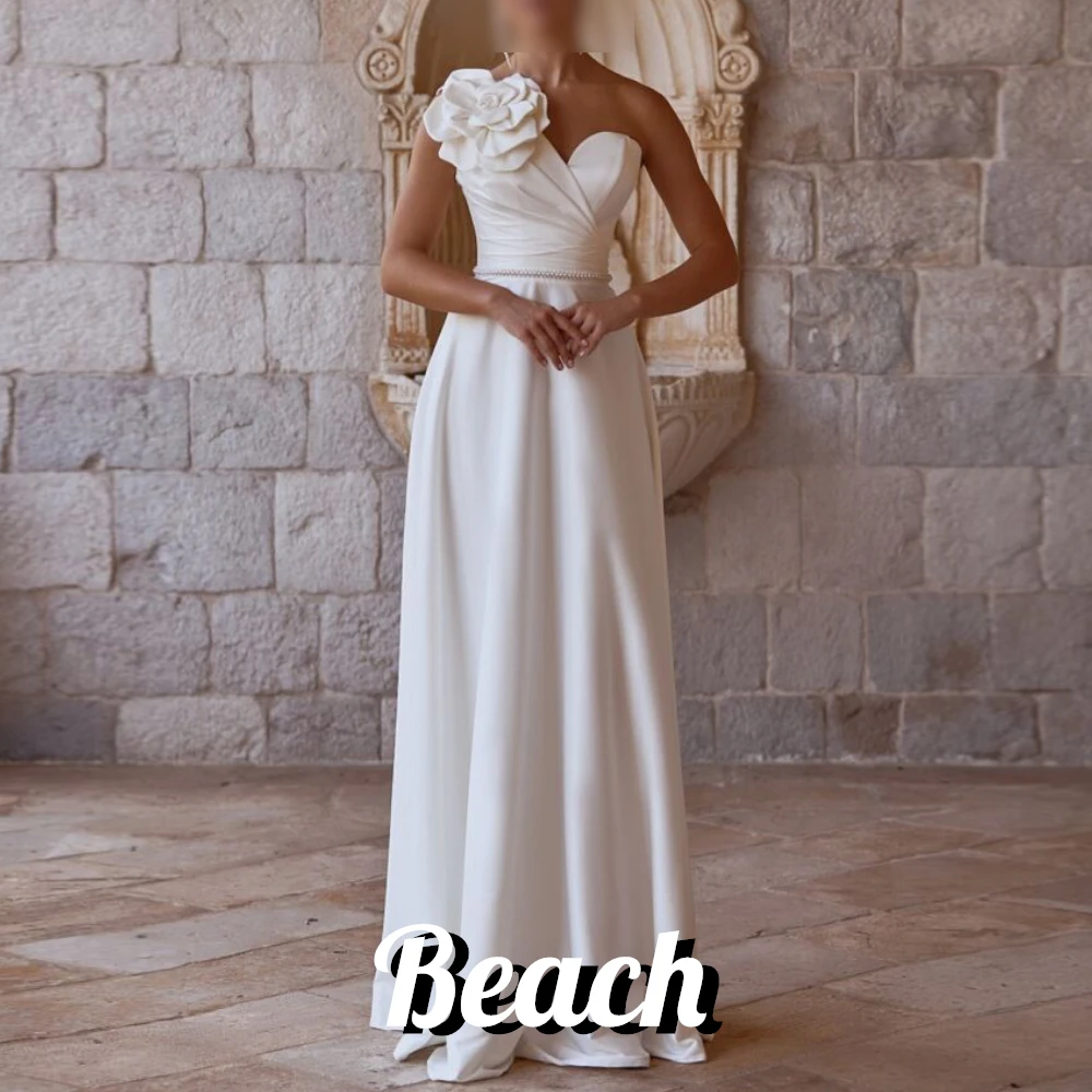 

Beach Custom Made 3D Flowers Floor Length Straight Sweep Train Lace up Back One Shoulder Solid Color Sleeveless Fairy Charming