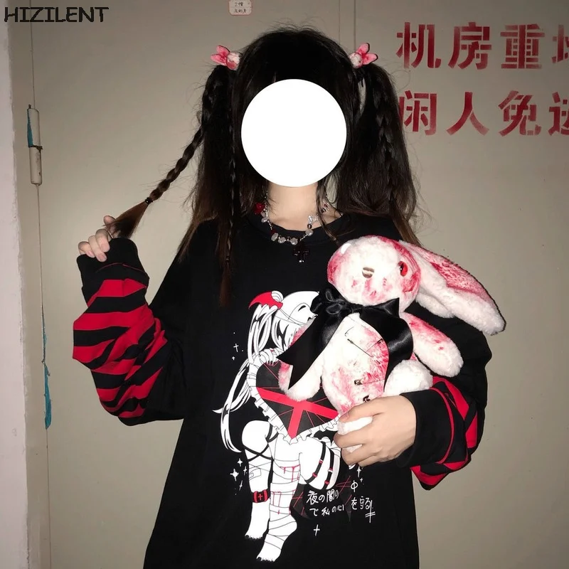 Summer Kawaii Goth Black Anime Graphic Oversized T Shirt Top Women T-shirt Loose Short Sleeve T Shirt Femme Grunge Y2K Clothes