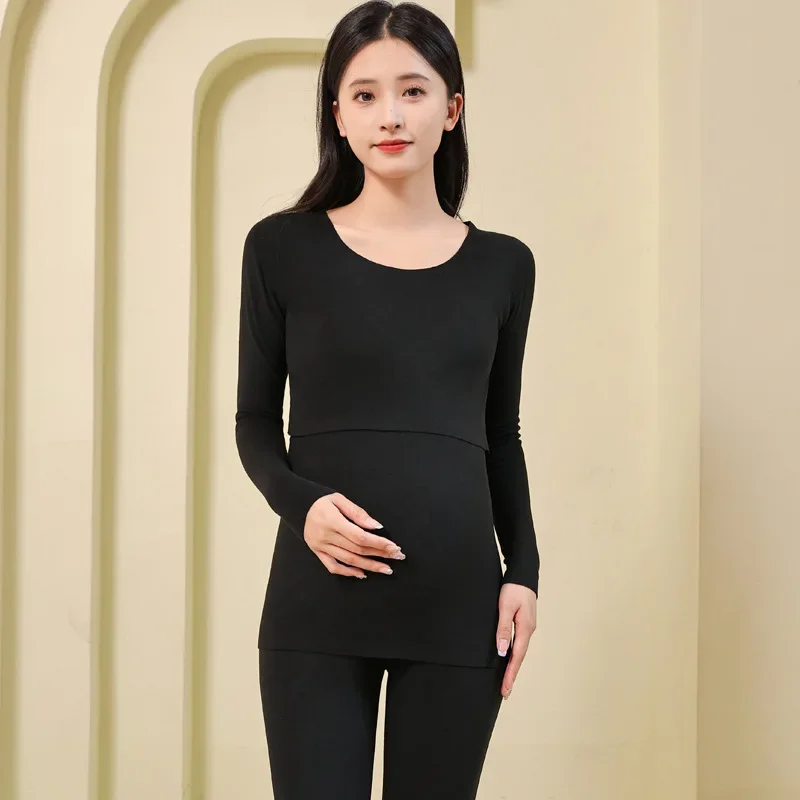 2PCS/Set Maternity Spring Pajamas Long-Sleeved Warm Breastfeeding Clothes Belly Homewear Women Solid Soft Elastic Loungewear