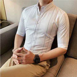 Black/White Summer Half Sleeve Striped Shirts Men 2023 Fashion Business Slim Fit Casual Blouse Social Tuxedos Plus Size 5XL-M