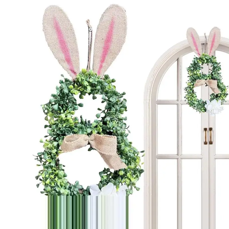 

Easter Bunny Spring Wreath Rabbit Garland For Front Door Simulated Green Plants Branch Wreath With Bow Knot And White Flower