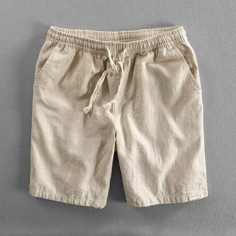Summer lightweight breathable cotton linen shorts solid color simple elastic drawstring hemp cotton beach casual loose pants men
