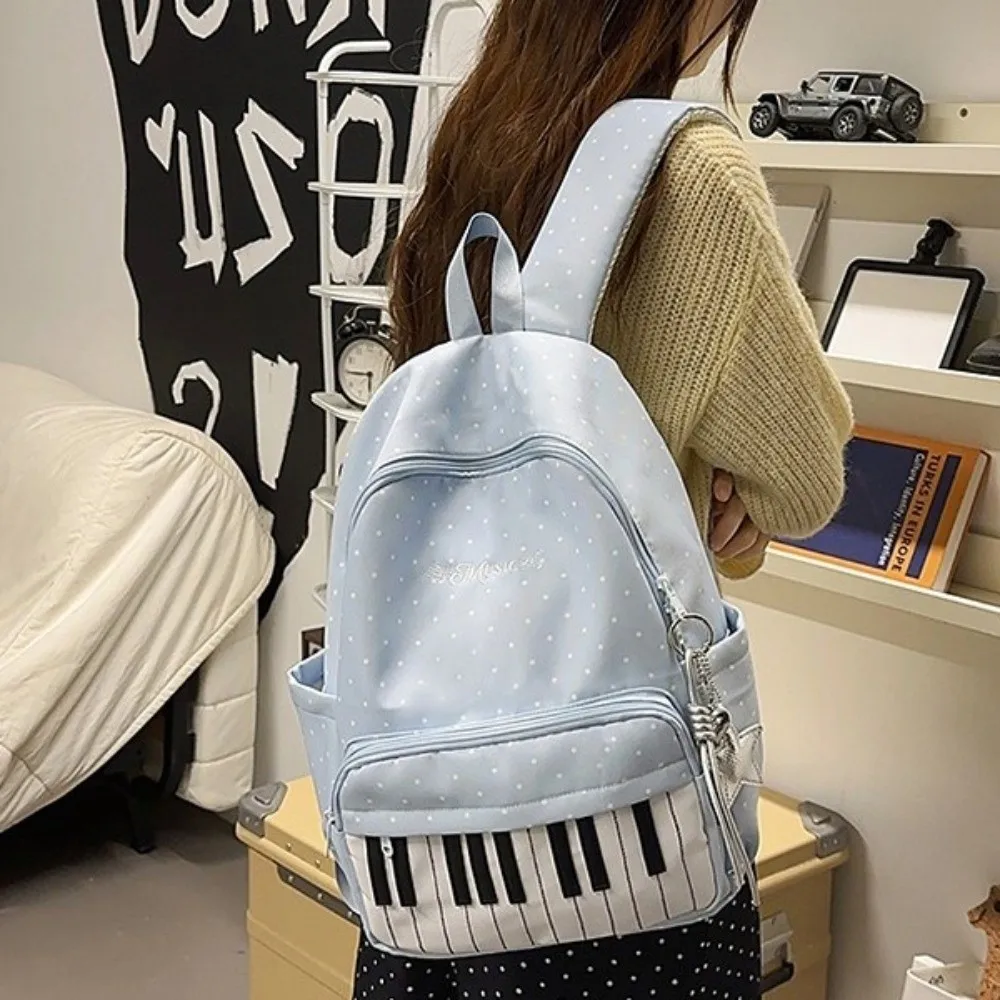 Nylon Polka Dot Print Backpack Color-blocked Cute Large Capacity School Bag Durable Preppy Style Piano Key Backpack Women Girls