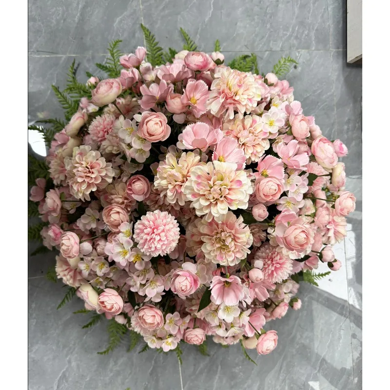 Western-style pink wedding table decoration, simulated Dali chrysanthemum begonia ball