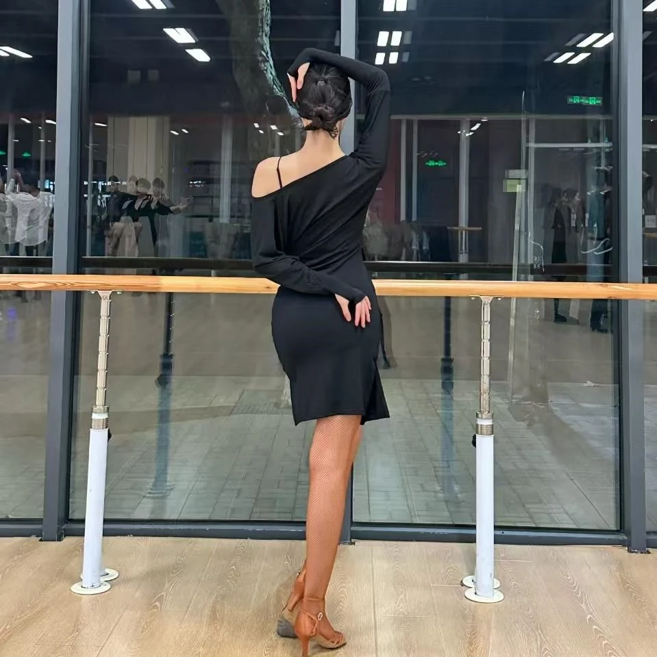 冬ラテンダンス衣装オフショルダー長袖ドレストレーニング服サンバタンゴダンス練習服着用