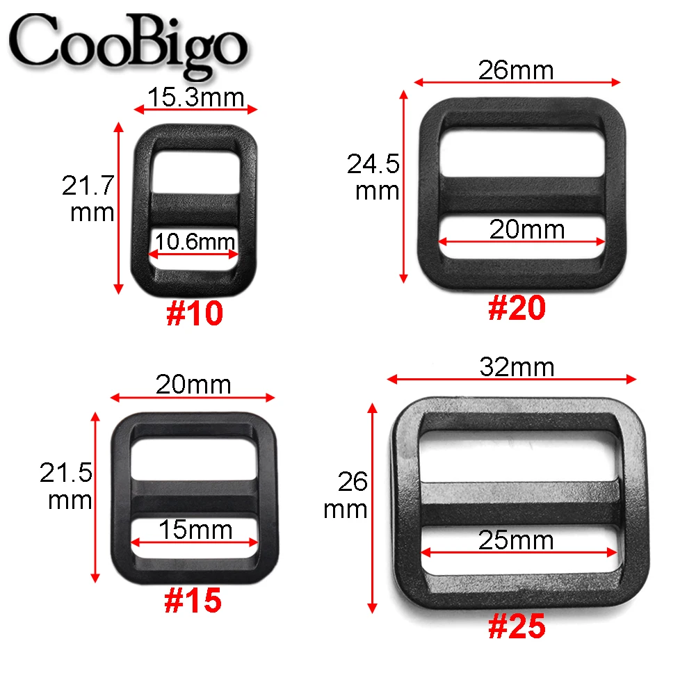 12 pz cursore di plastica Tri Glide regolare fibbie stile più ampio cinghie zaino fettuccia 10mm 15mm 20mm 25mm nero