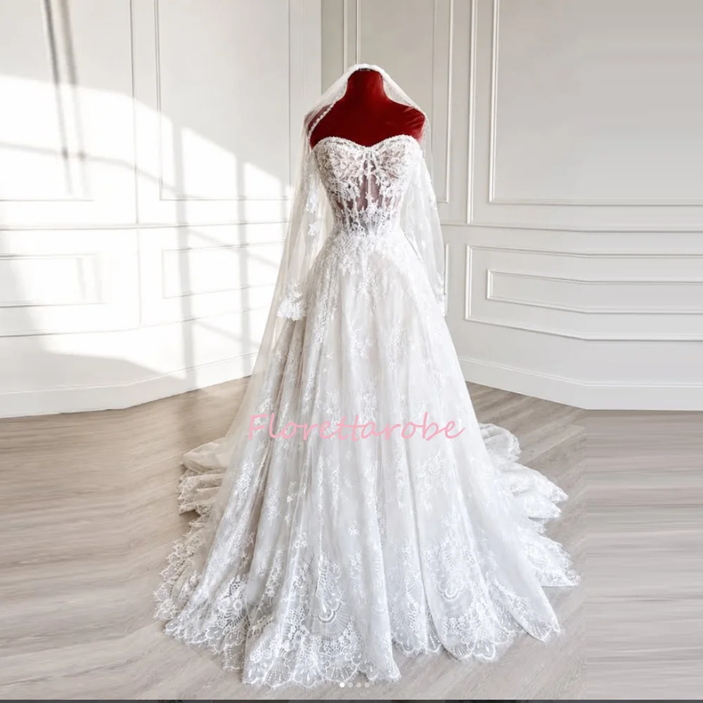 Ivory Princess Wedding Dress Off Shoulder Long Sleeve A-line Lace Appliques Beads Sequins Bride Gowns Sweetheart  Ball Dress Cus
