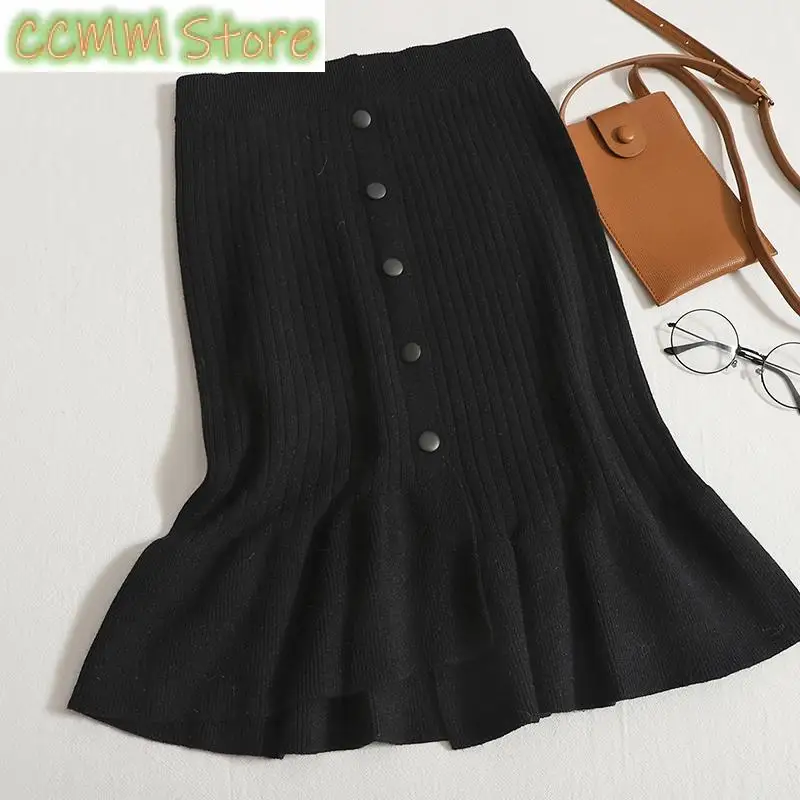 

New Knitted Mermaid Skirts for Women Korean Fashion High Waisted Button Up Slim Skirts Office Ladies Casual Chic Skirt