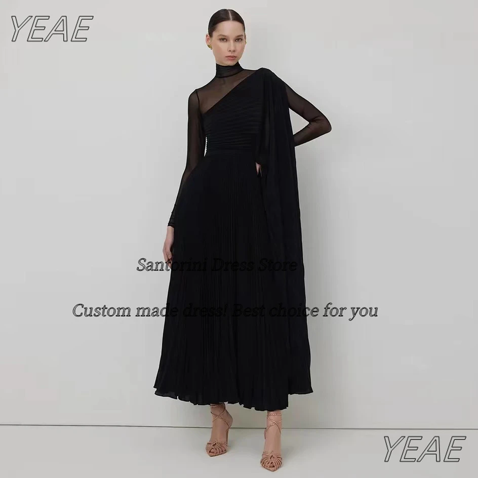 

Santorini Black Prom Dresses 2024 Sheer Long Sleeves Birthday Party Ankle Length Women Wear Formal Banquet Evening Gowns