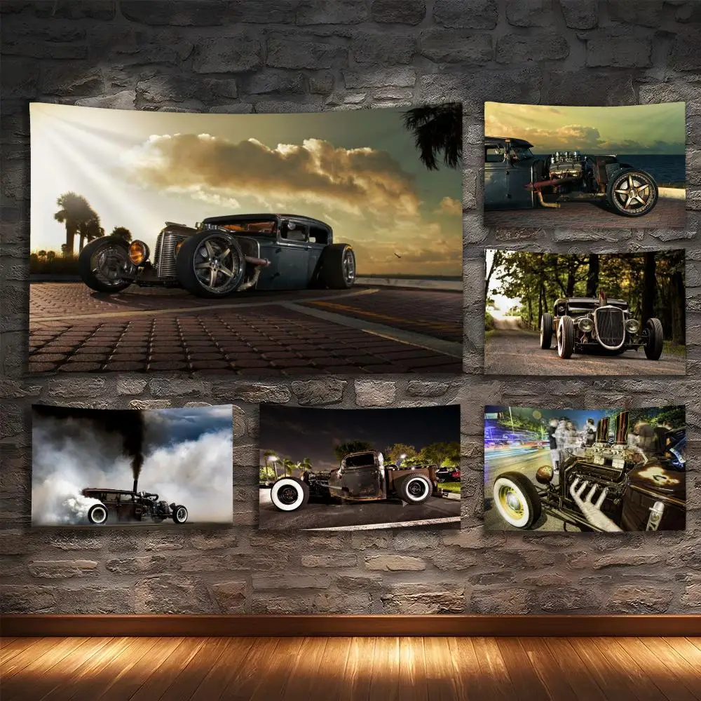 

R-Rat Rod Girls Racing Car Tapestry House Bedroom Living Bar Garden Microfiber Decoration Background Art Custom Banner