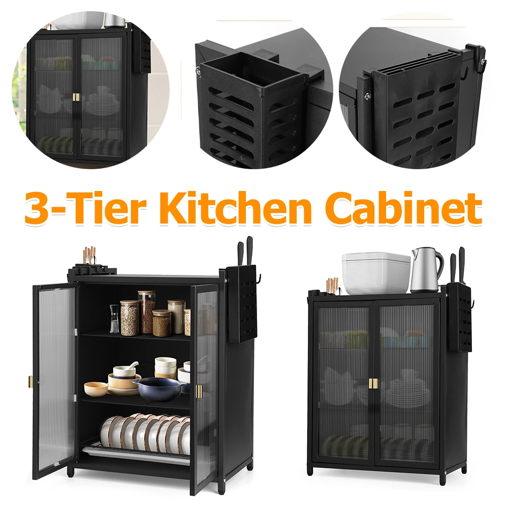 

3-Tier Kitchen Countertop Cabinet Dustproof Dish Storage Cabinet Freestanding Dual Door Kitchen Organizer with Chopstick Baskets