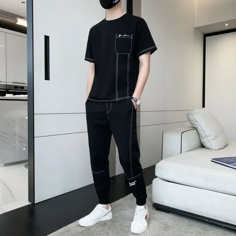 T Shirt Man Sweatpants Men\'s Clothing Black Pants Sets Jogger Sports Suits Gym Tracksuit Short Quarter Sleeve Top Korean Style