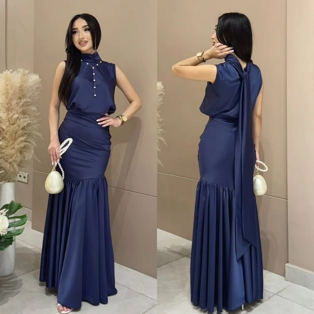 

Customized Charmeuse Beading Pleat High Collar Mermaid Long Dresses Bespoke Occasion Party Gown Wedding Guest Elegant Evening