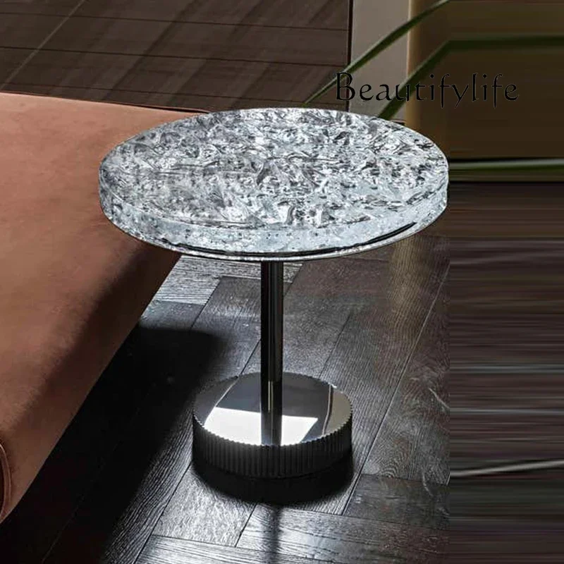 

Italian Minimalist Living Room Home Coffee Table round Water-Wave Glass Stainless Steel Light Luxury Modern Sofa Side Table