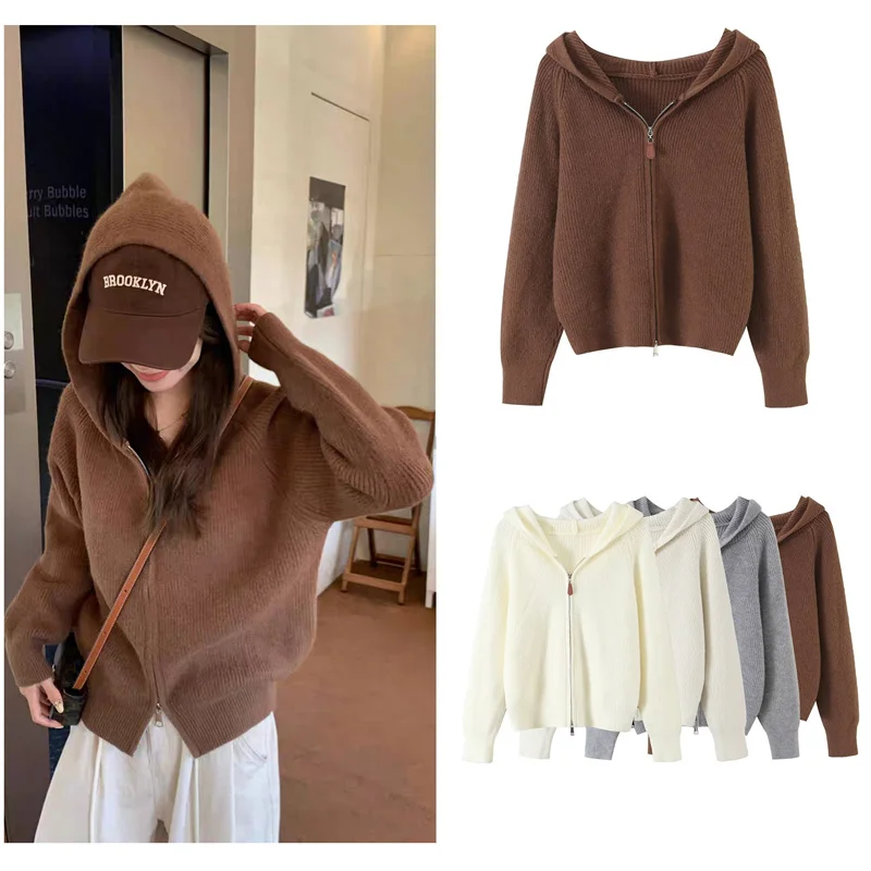 Ms. Guobioziy Top 2026 Spring and Autumn New Versatile High-End Niche Design Long-Sleeve Solid Color Hoodie Zip Cardigan