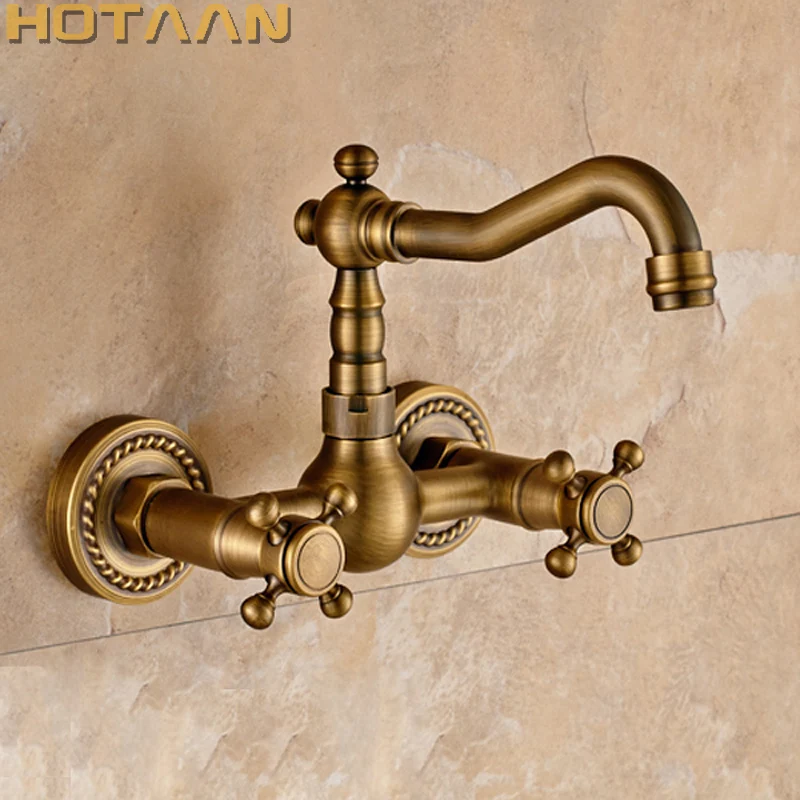 Basin Faucets Antique Brass Wall Mounted Kitchen Bathroom Sink Faucet Dual Handle Swivel Spout Hot Cold Water Tap with tow pipe