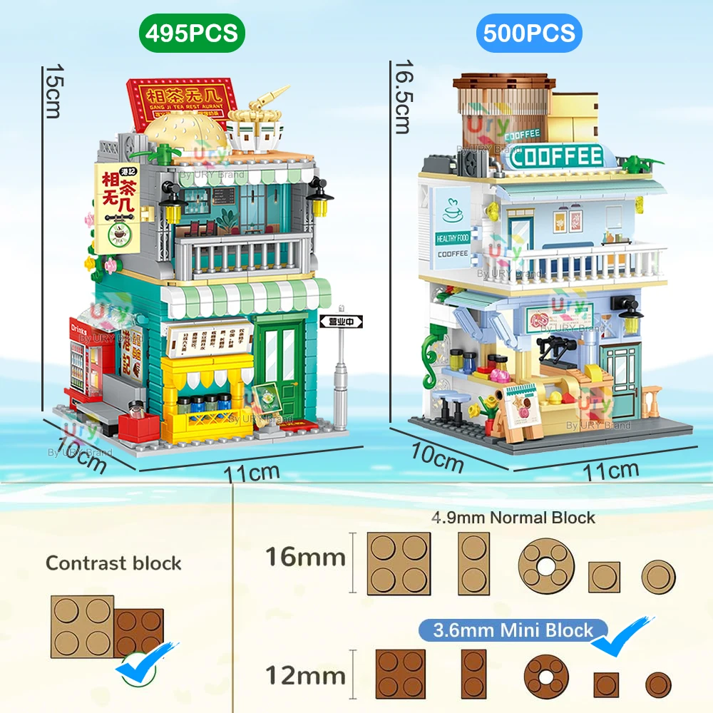 Mini City Street View Modular Coffee Hong Kong Style Tea Restaurant Retro Flower House MOC Architecture Building Block for Kids