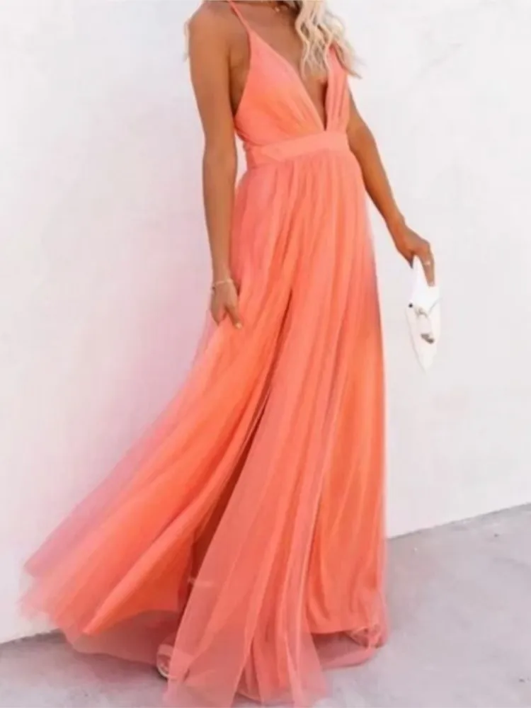 

2025 Women's Evening Party High Waist Floor Length Sexy Dress Fashion Orange Sleeveless Backless Gauze Long Dress Females