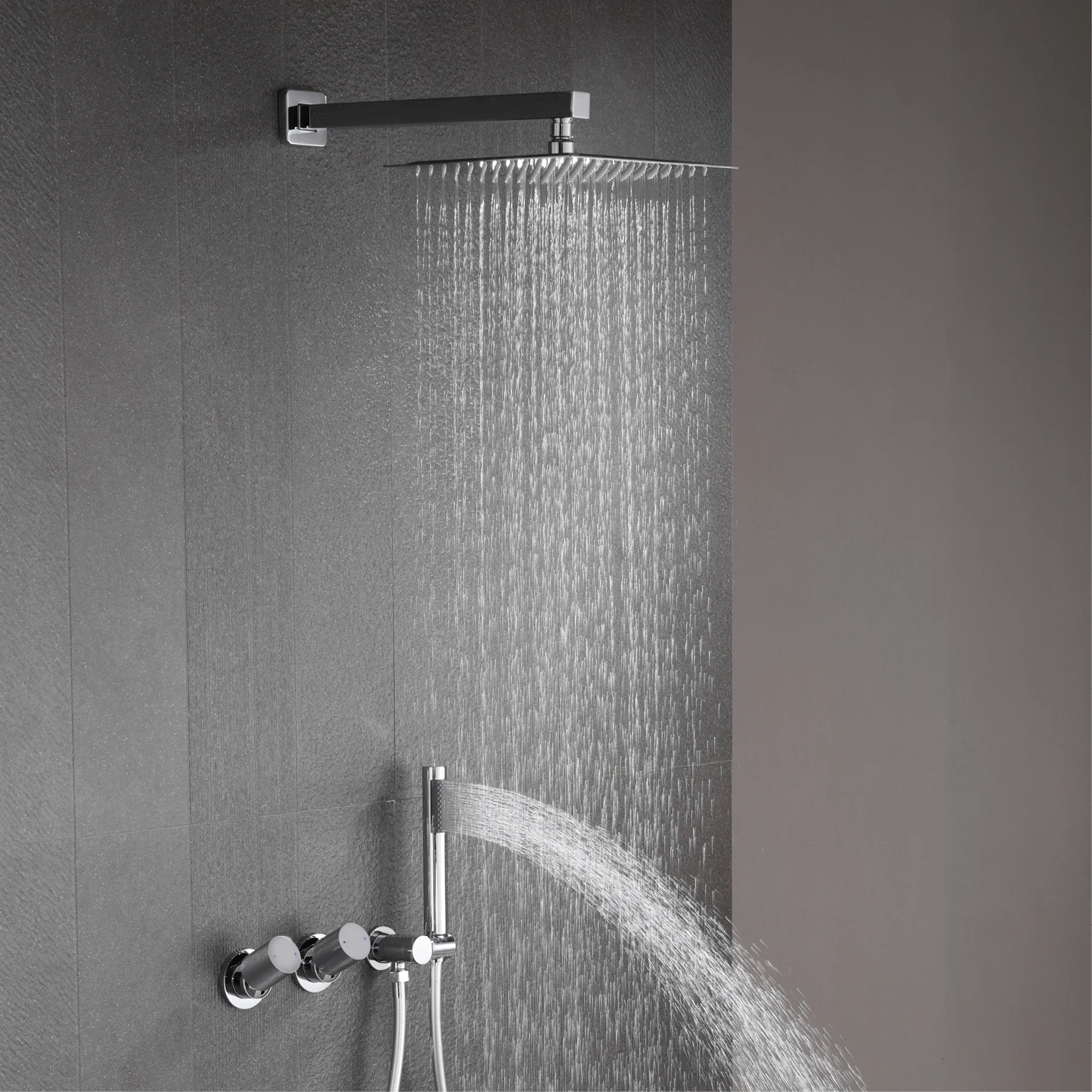 

Modern Brass 2-Function Shower System Wall-Embedded Chrome Finish Bath Faucet Rainfall/Handheld modes dual switch Fixtures
