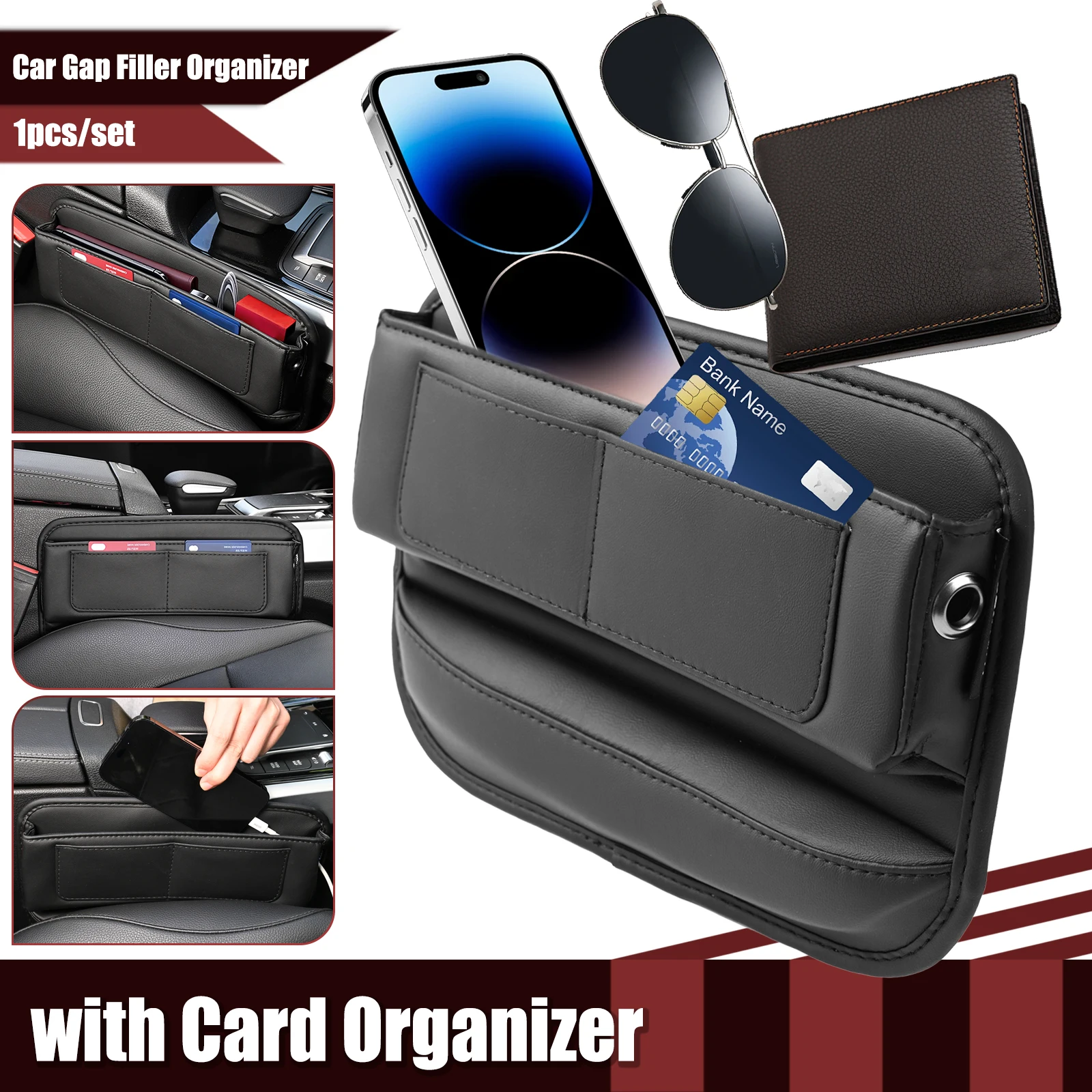 Auto-Sitzspalt-Organizer, Multifunktionale PU-Leder-Aufbewahrungsbox für die Konsolen-Seitentasche für Handy, Karten, Geldbörse, Schlüssel
