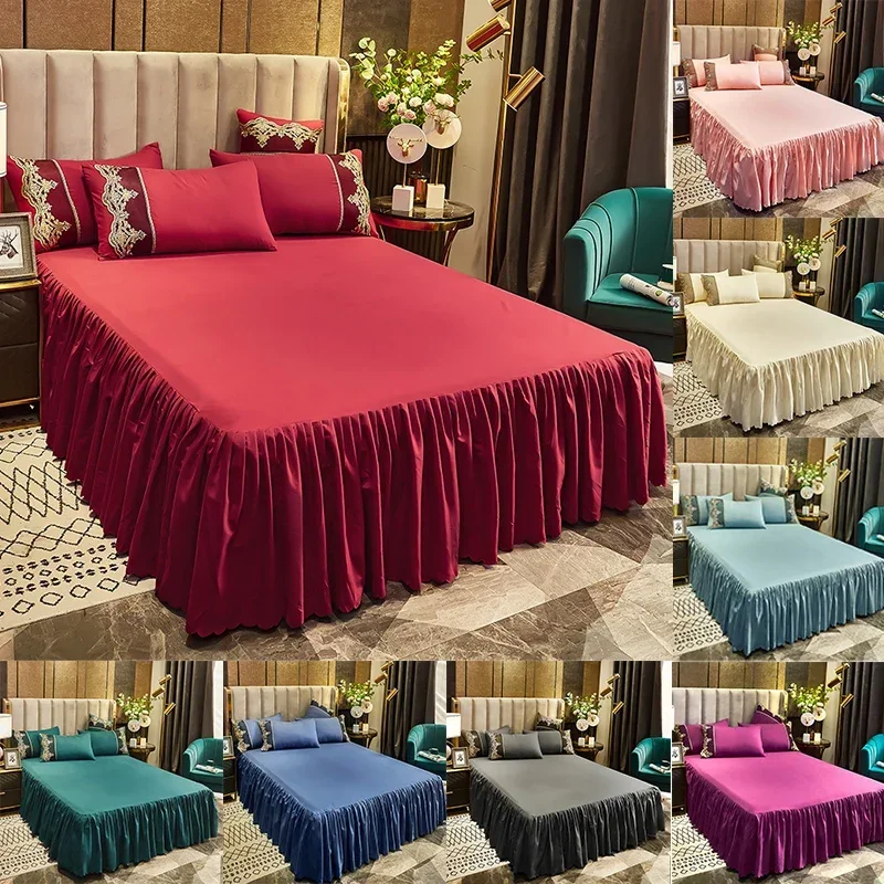 1pc Ruffles Bed Sheet Red Color Plain Dyed Bed Skirts 120/150/180/200 Decoration Bed Skirts(Pillowcase Need Order)