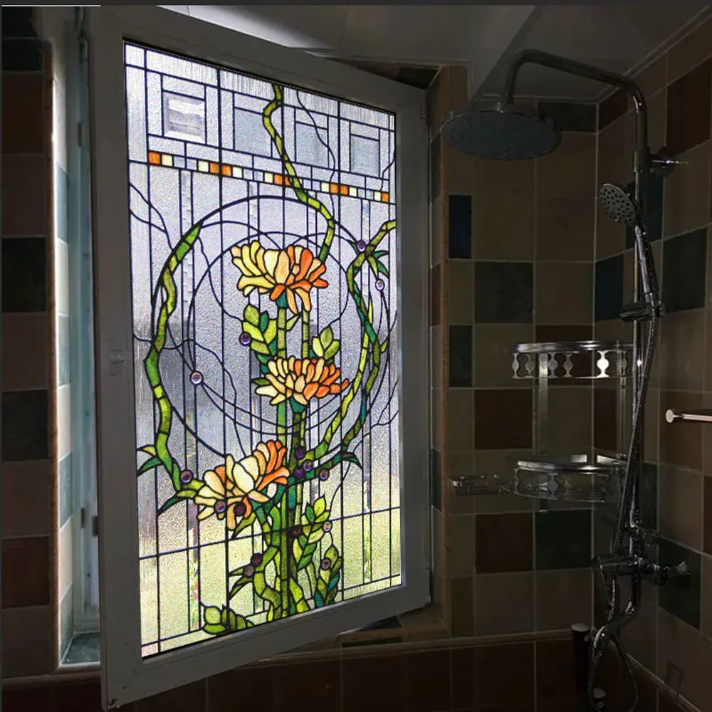 Tiffany Style Stained Glass Window Privacy Film Vine Flower Pattern Sliding Door Film Electrostatic Non-Glue Glass Sticker