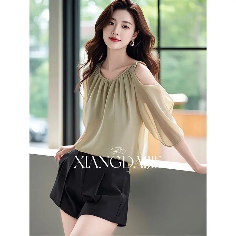

Chiffon Blouses Women ShortSleeve Loose Shirts Office Lady Casual Wear Off Shoulder Tops Summer Autumn New Fashion