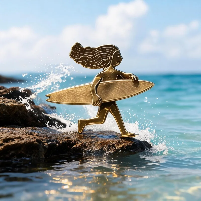 Vintage Surfer Girl Brooch, Retro Woman Surfing Lapel Pin for Coat Jacket, Holiday Beach Gift