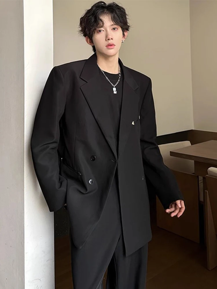 

Мужской модный черный пиджак с подплечниками, весенне-осенний, повседневный, удобный, с длинным рукавом, классический воротник