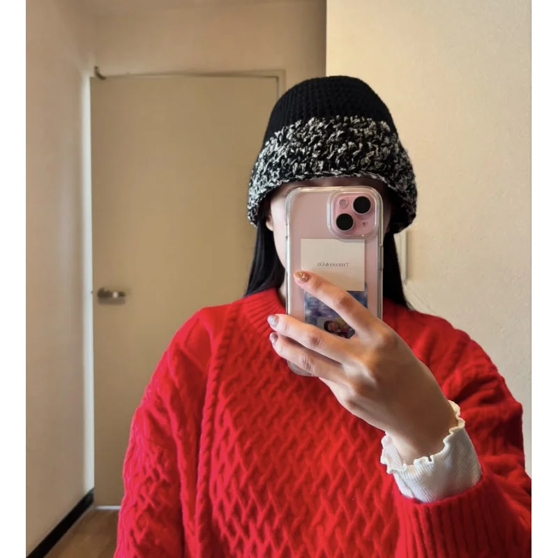 

Japanese-Style woman girls Retro Knitted hat Autumn and Winter thick Warm Wool Hats Big head Slimming Bucket Basin caps