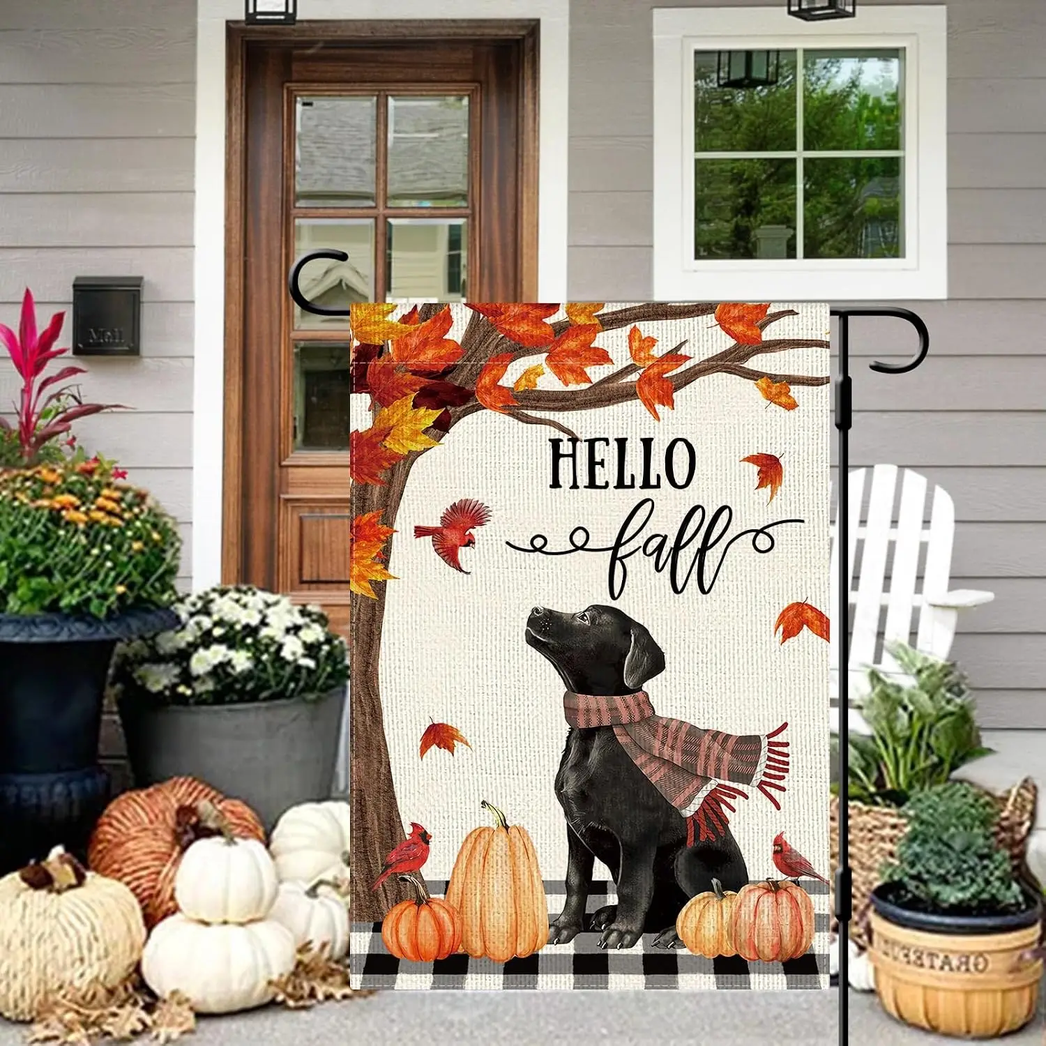 DLZDN Hello Fall Dog Pumpkin Garden Flag Black Labrador Maple Leaves Flag 12×18 Inch Double Side Vertical Burlap Farmhouse Y yyi