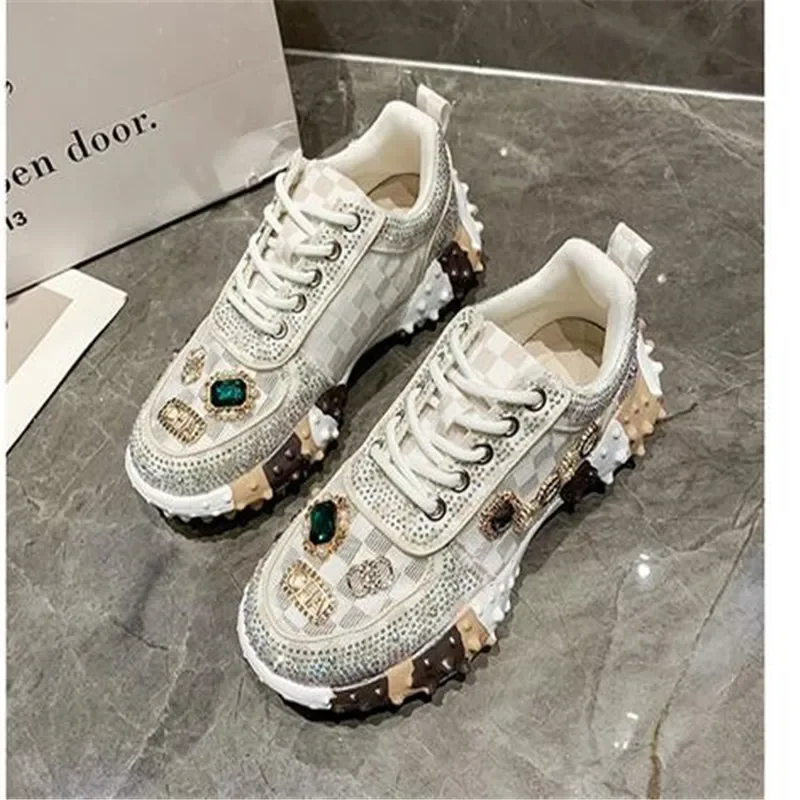 Women Casual Sneakers Luxury Designers Rhinestone Diamond Thick Bottoms Shoes Female Tennis Trainers Jogging Walking Shoe