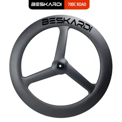 1pcs 700C 3 Spoke Triathlon Road Bike Carbon Wheel Tri Spokes Misplacement Tubeless 860g Rim Brake Center Lock Disc BESKARDI