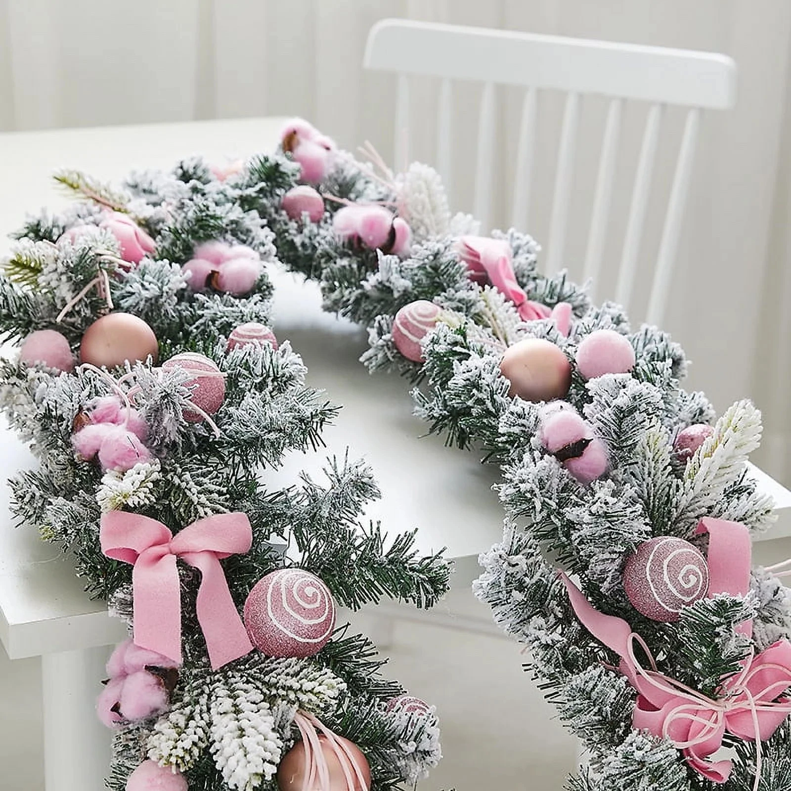 Hot Pink Christmas Wreath Decor With Balls Artificial Plant Rattan Garland Christmas Rattan Hanging Ornament For Home Decor view 3