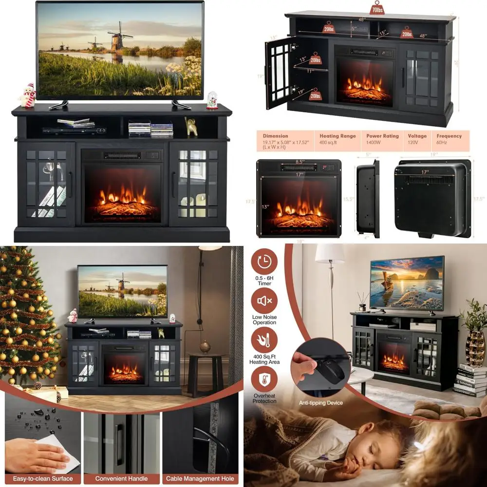 

55-Inch TV Electric Fireplace Stand with 18-Inch Insert, Remote Control, Overheat Protection, 48-Inch Wide, Space-Saving Design