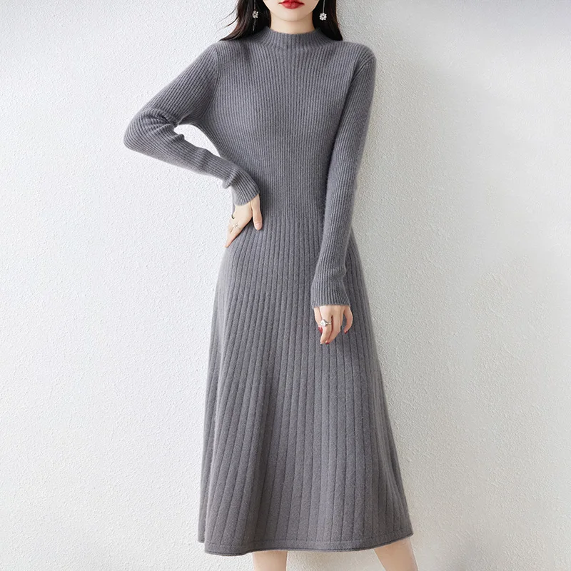 

2023 Fall Winter New Pure Wool Dress Women's Long Sleeve Half High Neck Slim Solid Color Temperament Comfortable Knitted Dress