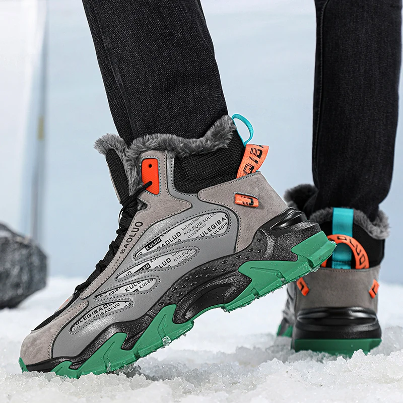 Men's Color-Block Winter Sneakers Fleece-Lined Warm Sports Casual Shoes Fashion High-Top Sneakers Trendy Streetwear