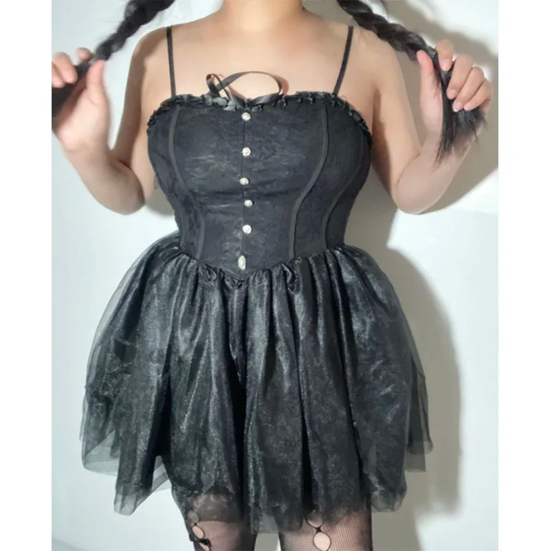 Gothic Women's Dress Wind Sex Suspend Dress For Women's Summer New Dark Punk Style Place Patchwork Puffy Skin Super Short Skin