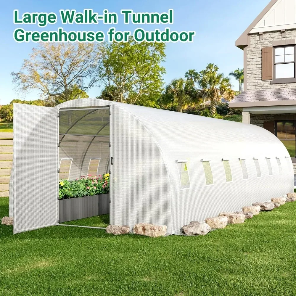 

26x10x7 ft Large Walk-in Greenhouse for Outdoors, Upgraded Swing Doors Tunnel Greenhouse kit, Heavy Duty Galvanized Steel Frame,