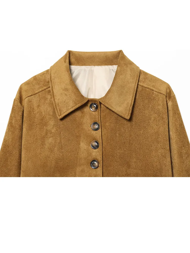 HH 新しい女性向け冬ファッション 長袖 シングルブレスト スエード ポケット装飾 ショートコート 女性用 ストリートスタイル カジュアルジャケット